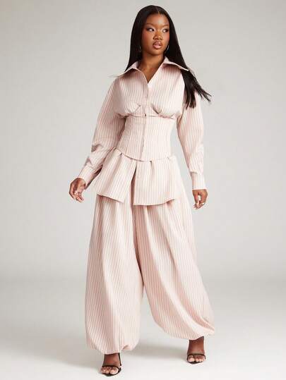 NYA SZN Pant Oversized Balloon Leg Tie Waist Brunch Office Holiday Gyaru Street Style Spring Summer Statement Carnival Pinstripe Stripe Pink Pastel Outfits For Women