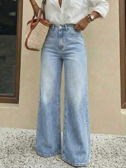 XIANGHE Pantalones vaqueros anchos sueltos y versátiles de mujer con diseño de bolsillos