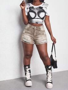 Slaydiva Quần short denim nữ phối màu tương phản, kiểu dáng rách, có túi. - màu nâu - Xem 4