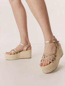Styleloop Ladies, Straw Rope, Buckles, Lame-Heeled Platform Sandals, Vacation Atmosphere, Summer Wear, Travel Essentials - Rose Gold - View 5