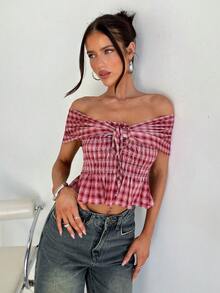 Siren Gaze 女士红色格子露肩褶皱短款上衣，系带荷叶边下摆一字领上衣，Y2K夏季休闲衬衫，露肩上衣，女士褶皱格子上衣，短款格子上衣，夏季女士上衣，可爱田园风上衣，格子露肩上衣 - 紅色 - 查看 6