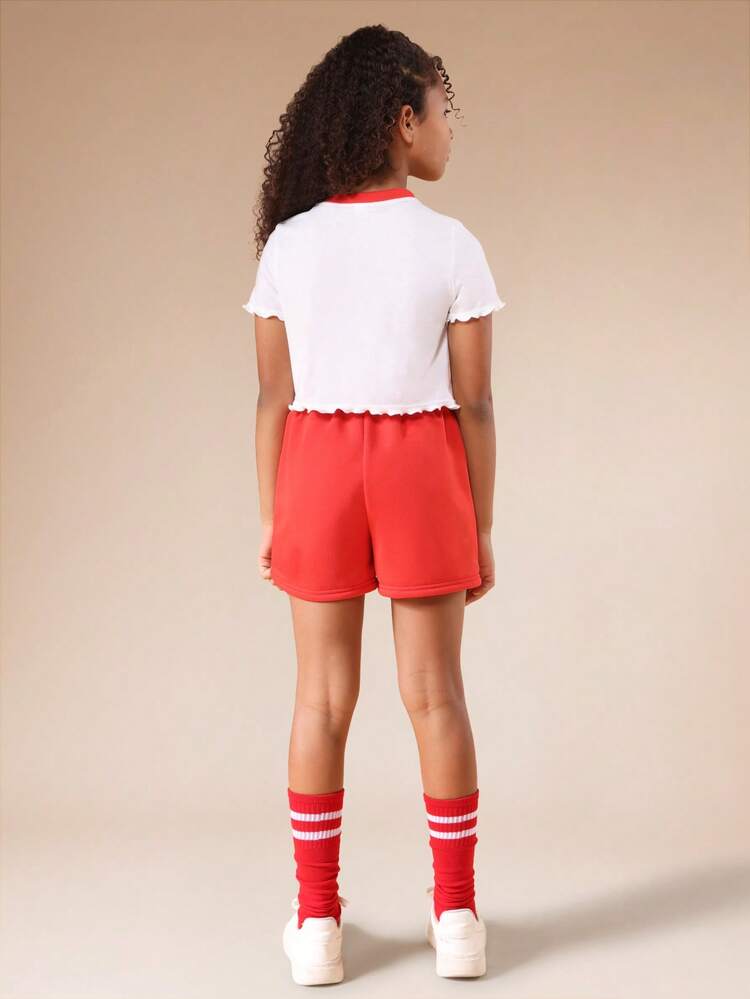 Ringer Tee And Shorts Set With Scalloped Hem
