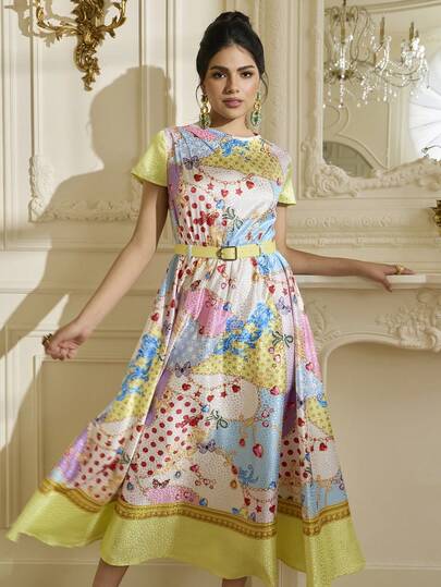 LOTSLUV Vestido largo de verano con estampado floral, cuello redondo, cintura fruncida y estilo barroco, collar de joyería con elemento de corazón y estampado de retazos de colores para mujer