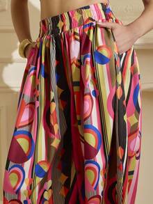 LOTSLUV Calça com Estampa Abstrata de Coração, Cintura Elástica e Perna Balão Franzida, Dia dos Namorados Feminino - Multicolorido - Visão 7