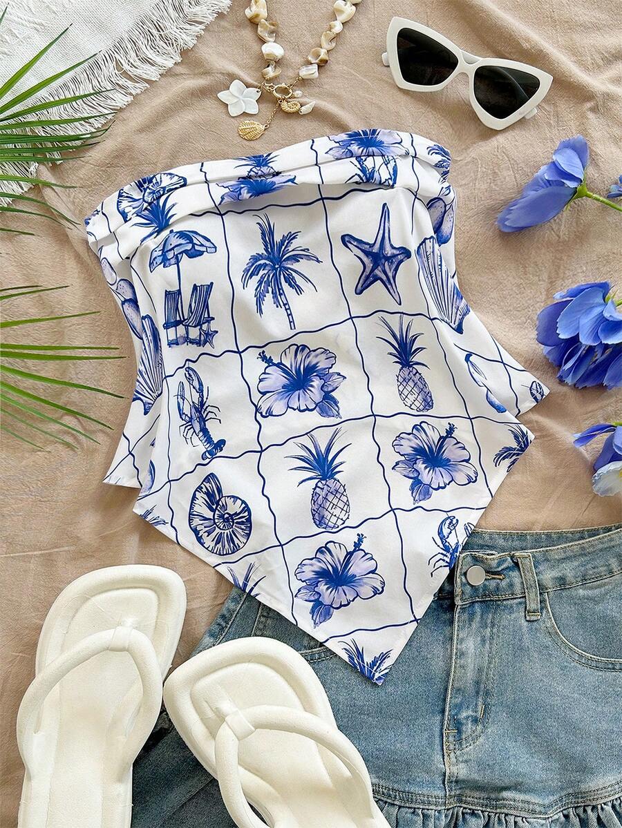 Soleia Women's Casual Floral Print Bandeau Top Tropical Top Summer Tops For Women Vacation Beach Tops For Women Tropical Vacation Woman Clothes Seashell Top Summer And Spring Valentine's Day Carnival Outfit Party Dresses For Women Beach Dress   Going Out Outfits Elegant Dresses For Women Vacation Outfits Casual Dresses Sequin - Multicolor - View 1