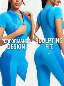 Innovista Innovista Contrast Color Zipper Front Shapewear Top And High Waist Leggings Sports Equestrian Outfit - Blue - View 9