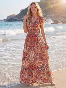 Sylviya 女士休闲抽象图案长袖连衣裙，基本款日常秋冬装 - 橘色 - 查看 4