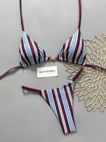 Swim Mod Bộ bikini tam giác hở lưng hai lớp vải in sọc mới dành cho nữ mùa xuân/hè, áo tắm dây mảnh xếp ly, trang phục đi biển. - Nhiều màu - Xem 5