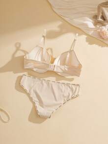 两件套女士简约休闲内衣套装，含钢圈文胸和加垫文胸 - 米色 - 查看 2