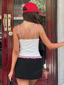 MainGRL 春夏活力青春休闲美式运动风红白格纹吊带背心和红色刺绣吊带衫，春夏女装，休闲女装，外出上衣 - 彩色 - 查看 2