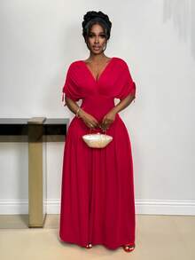 Xyvia Đầm dài tay xếp ly cổ chữ V màu trơn thanh lịch - Đỏ - Xem 5