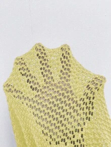 Linhara CURVE 大码女式纯色针织V领镂空花卉装饰长袖常规优雅春夏度假轻薄开衫 女式度假套装 女式沙滩装 女式春季套装 女式沙滩装 女式罩衫 女式夏季套装 - 淡黃色 - 查看 5