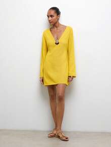 MAIJA 休闲条纹花瓣袖纽扣迷你连衣裙 - 黃色 - 查看 6