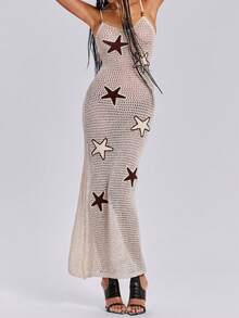 ROMWE Spring/Summer Vacation Style Sexy Crochet Handmade Starfish Pattern Women's Spaghetti Strap Dress - Beige - View 7