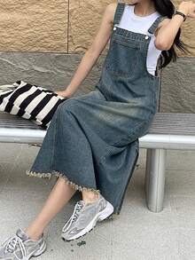 DAZY Teen Girl Casual Everyday Commute Minimalist Versatile Patchwork Pocket Frayed Hem Loose Denim Pinafore Dress, Spring/Summer/Autumn - Blue - View 7