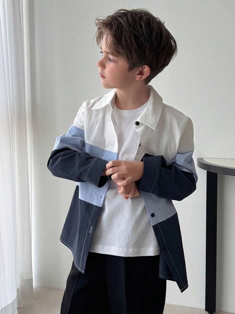 Tween Boy Contrast Color Long Sleeve Single-Breasted Casual Pocket Shirt