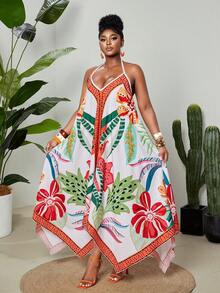 Maweii Vestido largo bohemio de mujer talla grande con estampado floral tropical colorido y escote en V - Multicolor - Ver 1