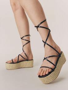 Styleloop Sandalias de cuña con plataforma de suela gruesa de unicolor tejidas de moda para mujer, sandalias de cuña de lona con correa de tobillo bohemia y retro, esenciales para vacaciones de primavera y verano, Pascua, atuendo festivo, artículo de viaje - Negro - Ver 2