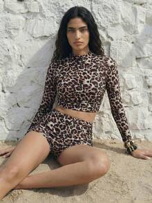 Maija Women's Leopard Print Collar Long Sleeve Top And Short Sleeve Casual Vacation Beach Swimsuit Set Cheetah Print Animal Print Summer Vacation - Brown - View 2