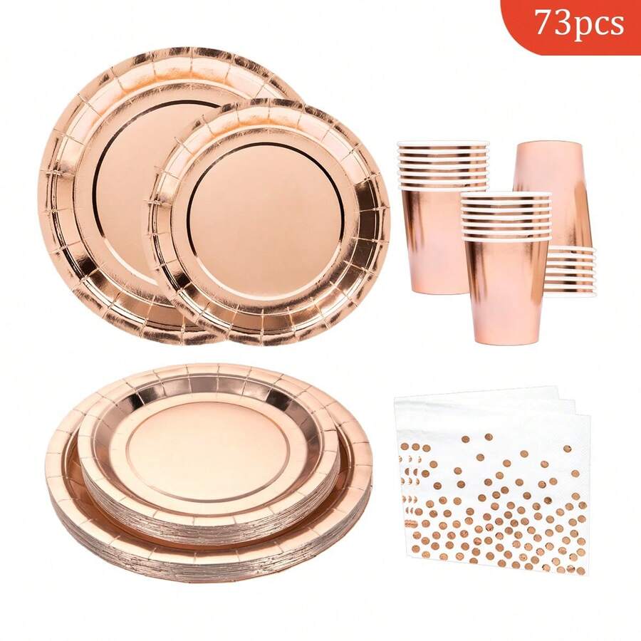 Conjunto completo de pratos, guardanapos e copos descartáveis em tom ouro rosa, ideal para festas, com capacidade para até 16 pessoas. Perfeito para aniversários, casamentos, festas temáticas e piqueniques em família. - Ver 1