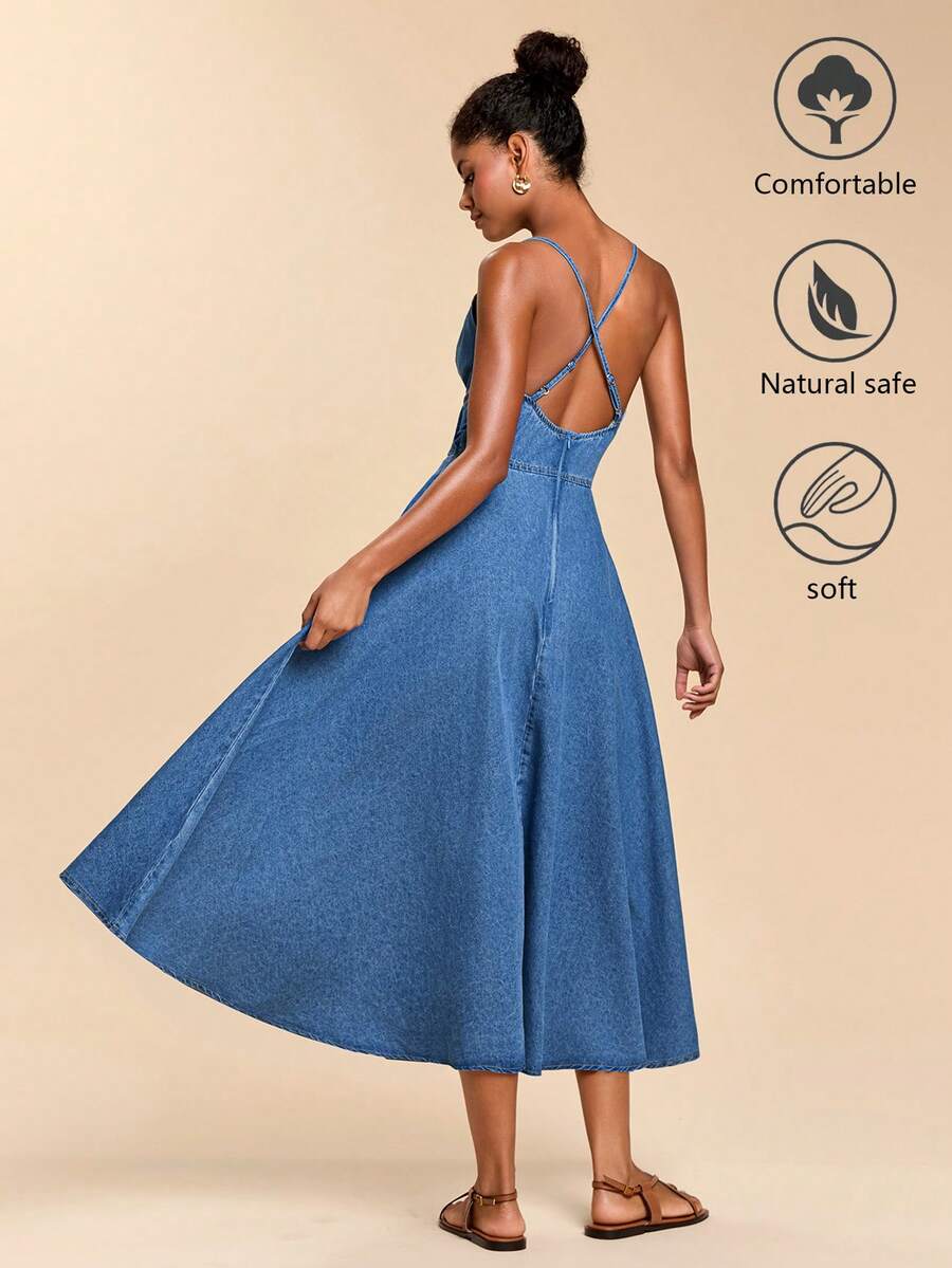 Travachic Women's Blue Spaghetti Strap Backless Long Dress Summer Vacation Outfit.Summer Dresses.Beach Outfits - Medium Wash - View 1