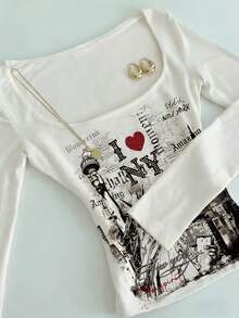 Glimmora 复古休闲风“我爱纽约”字母图案，自由女神像和纽约风景印花，独立日250周年纪念款，白色方领修身长袖T恤，适合春、夏、秋、冬四季穿着，时尚百搭，可作为送给兄弟姐妹、母亲节礼物，简约休闲时尚上衣 - 彩色 - 查看 3