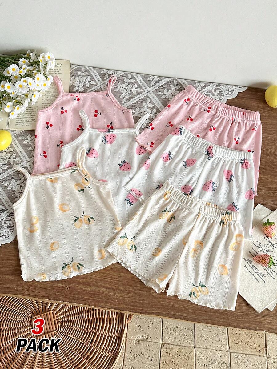 SHEIN Baby Girls' Comfortable Versatile Sweet Cute Strap Shorts Set, Summer Multi-Piece Outfit - Multicolor - View 1