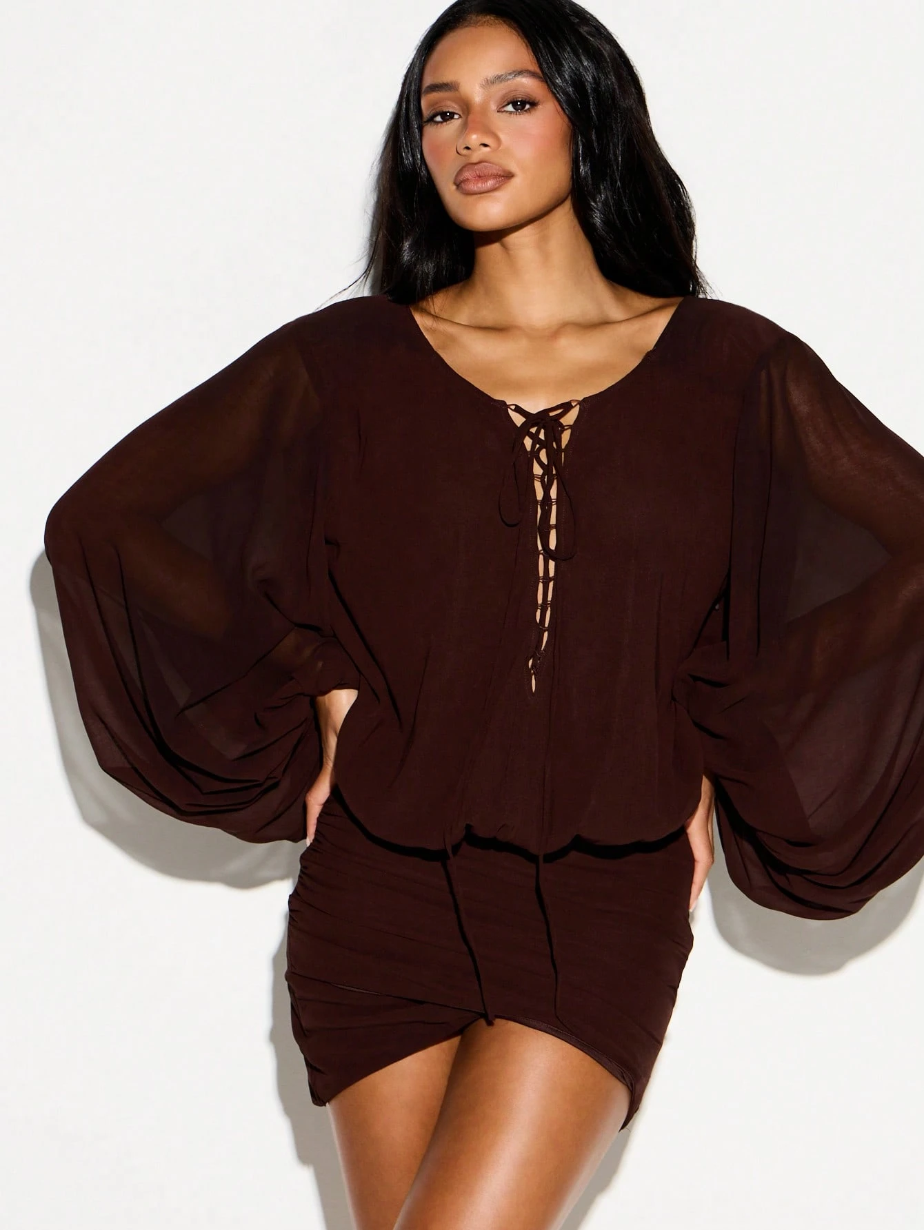 KIZN Lace-Up Balloon Sleeve Mini Dress With Coin Belt