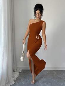 Selianne Stylish Women's Brown Knitted Sleeveless Fitted Long Dress Asymmetrical Neck Slit Prom Wear - Brown - View 5