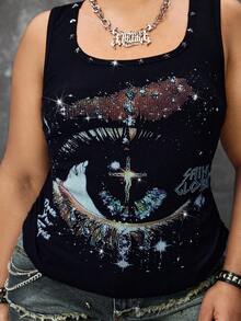 ROMWE Avant 大码女式复古坏女孩男女通用街头风星空和星星铆钉印花背心 - 黑色 - 查看 2