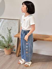 DAZY Jeans casuales de pierna ancha con cintura elástica y bolsillos, con bordado de corazón para niña - Azul - Ver 3