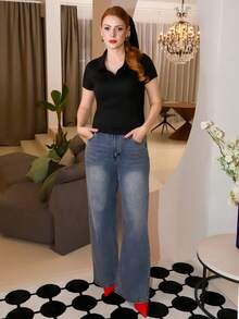 Gretanique 女士纯色领短袖休闲褶皱 T 恤 - 黑色 - 查看 5