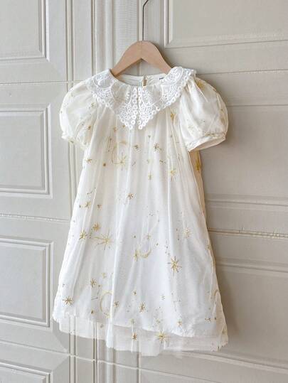 PrepCrw 少女优雅花卉蕾丝领花瓣袖刺绣网纱连衣裙