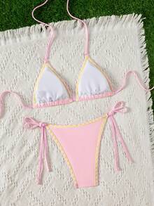 SHEIN Swim Mod 女士比基尼泳衣套装，饰有珍珠和椰子树图案，适合春夏海滩、度假和约会穿着。 - 粉色 - 查看 2