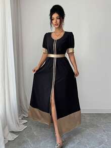 SHEIN Elenzya 新款女士黑色连衣裙，饰以金色滚边，优雅泡泡袖收腰设计。采用奢华的丝绒点缀，尽显中东风情，尽显高贵气质。适合夏季、度假、假日、办公、教师等场合穿着。 - 黑色 - 查看 7