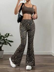 SHEIN EZwear 春夏新款豹纹针织喇叭裤，女式喇叭裤，猎豹纹裤，豹纹裤，动物纹裤，喇叭打底裤，豹纹喇叭裤，女式喇叭裤，女式喇叭打底裤，豹纹裤 - 巧克力棕 - 查看 4