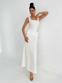 Firerie 女士优雅简约浪漫约会、婚礼、派对、下午茶连衣裙，白色针织圆领无袖褶皱腰身连衣裙，休闲日常、度假连衣裙、婚礼宾客连衣裙 - 白色 - 查看 5