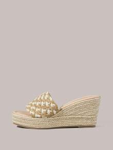 Styleloop Women's Slope Heel Platform Sandals, Hemp Rope Thick-Soled Small Square Toe Hemp Rope Surface Holiday Sandals, Holiday Wear, A Must For Travel - Off-white - View 3