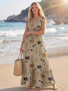 SHEIN LUNE 褶皱盖袖腰部褶皱下摆 A 字形连衣裙，复古豹纹休闲度假优雅女士长裙，适合春夏季，女士太阳裙，波西米亚风格服装，女士夏季连衣裙 - 彩色 - 查看 3