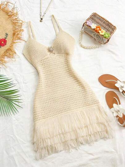Trelyra Women's Summer Beach Vacation Solid Color Pointelle Knit Fringe Hem Camisole Dress