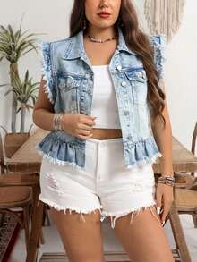 Breezaya Plus Size Casual Ruffled Denim Jacket - Blue - View 4