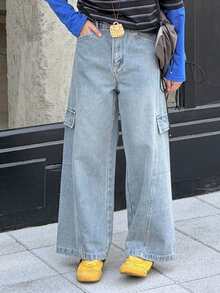 DAZY Quần jeans cargo dáng rộng có túi dành cho bé gái tuổi teen, thích hợp cho mùa thu. - Rửa nhẹ - Xem 10