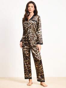 Hourtrue 2pcs Women Leopard Print Long Sleeve Collar Pocket Shirt And Pants Pajama Set, Ladies Sleepwear Loungewear For All Seasons - Brown - View 6