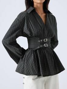 LYSMO Áo sơ mi kẻ caro dài tay thắt eo đơn giản dành cho nữ mùa đông 2025/Mùa đông/Giáng sinh/Năm mới/Lễ tạ ơn/Tốt nghiệp/Thanh lịch - Nhiều màu - Xem 5