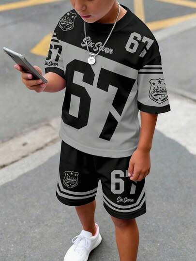 SHEIN 2pcs/Set Young Boy Casual Comfortable Minimalist Round Neck Short Sleeve T-Shirt And Shorts Set, Classic Cool Slang #67, Classic Cool Sports Element Graphic Print, Six, Seven