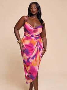SHEIN BAE Plus Size Women's Tie-Dye Print Mesh Ruched Spaghetti Strap Camisole Dress,Side Slit Hem Pink Summer Beach Holiday Vacation,Y2k Club Outfits - Multicolor - View 7