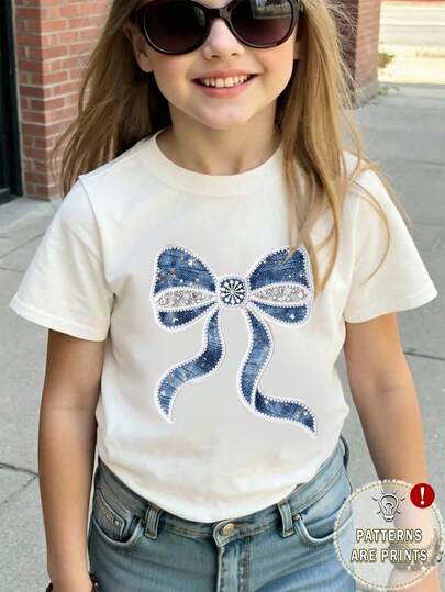 Camiseta de manga corta de cuello redondo cómoda y casual para niña, con bordado de lazo y patrón de strass, ideal para primavera y verano, ligera y cómoda, esencial de verano, uso casual de moda, para calle, picnic al aire libre, campus, vacaciones, regalo