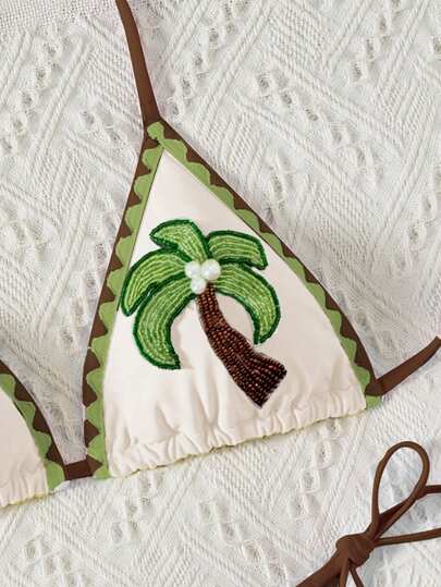 Swim Mod Set di bikini e slip triangolari da donna per l'estate, con motivo di palme e perle finte, con lacci al collo, sexy