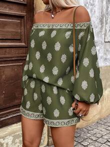 Breezaya Plus Size Women Floral Print Off-Shoulder Lantern Sleeve Top And Shorts 2 Pieces Set - Army Green - View 4
