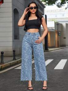SHEIN Frenchy Quần jeans ống rộng dệt jacquard mài bạc màu, kiểu dáng thường ngày. - Rửa nhẹ - Xem 6